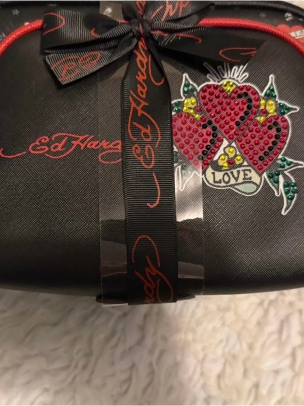 Ed Hardy Black Cosmetic Bag Set with Red Heart Accents
